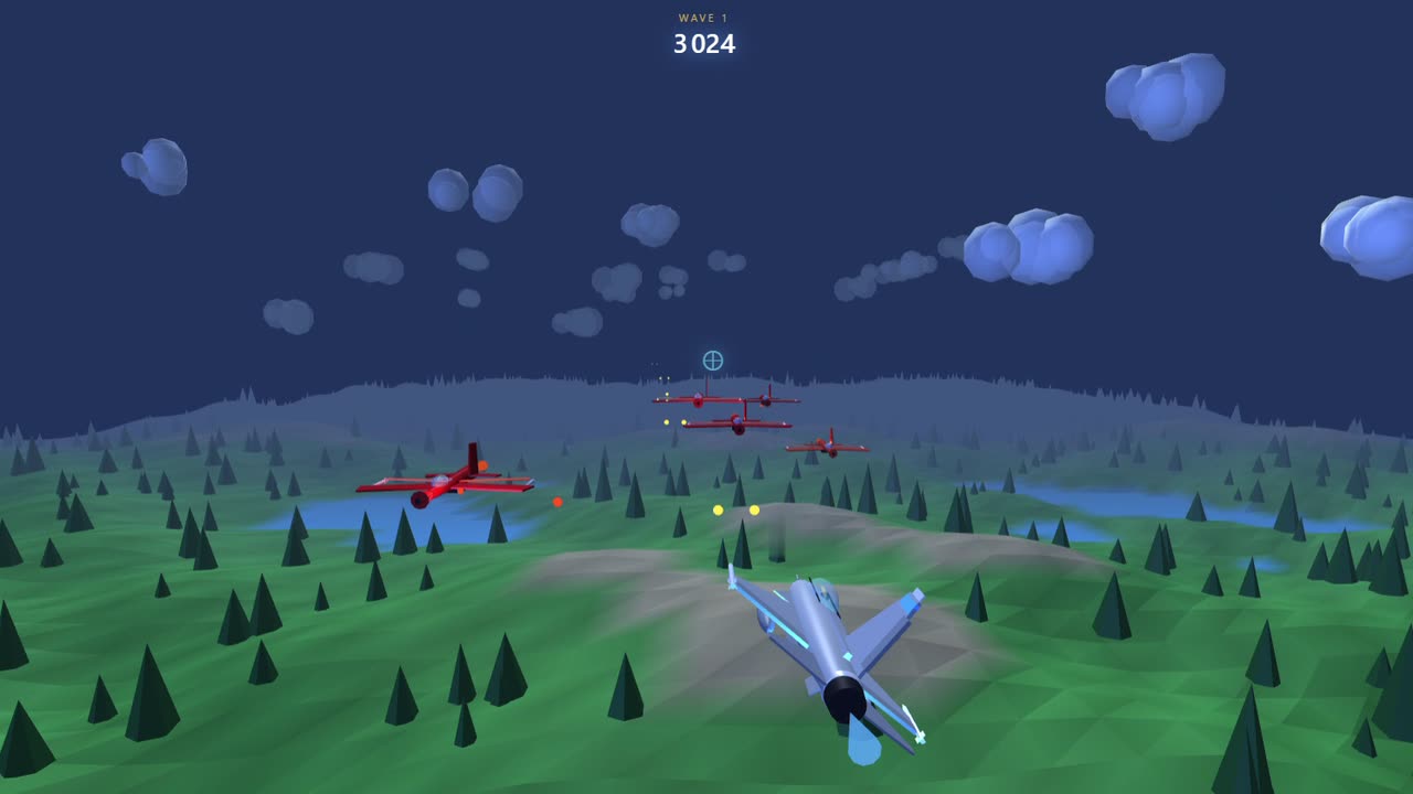 Sky Lords 3D: a fighter jet flying over forests and lakes with enemy aircraft ahead